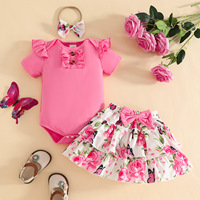 Ensemble d'été 2026 pour bébé fille : Barboteuse à manches courtes à volants avec nœud floral et jupe superposée en polyester