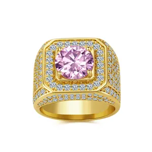 LIFTJOYS OEM square pink gemstone ring plated 14/18 K gold mens hip hop big purple zircon jewelry ring 925 Silver