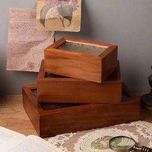 Wooden <b>Storage</b> Box Rectangular Flip Top Engraved Glass Lid Jewelry Organizer Desktop Decorative Box For <b>Dressing</b> <b>Table</b> - Product Image 4
