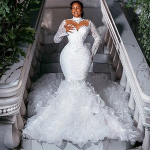 Robes de mariée sirène Aso Ebi arabes blanches avec traîne détachable, manches longues scintillantes, ornées de cristaux, grandes tailles - Product Image 1