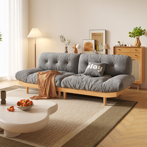 Japanese Style Solid Wood Cloud <b>Sofa</b> Three Seater Off White Gray Tufted Fabric Living Room Furniture - Product Image 3