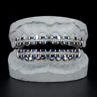 Grillz dentaire Hip Hop sans nickel, plaqué or, avec diamants bleus baguette préfabriqués, pour un port sûr