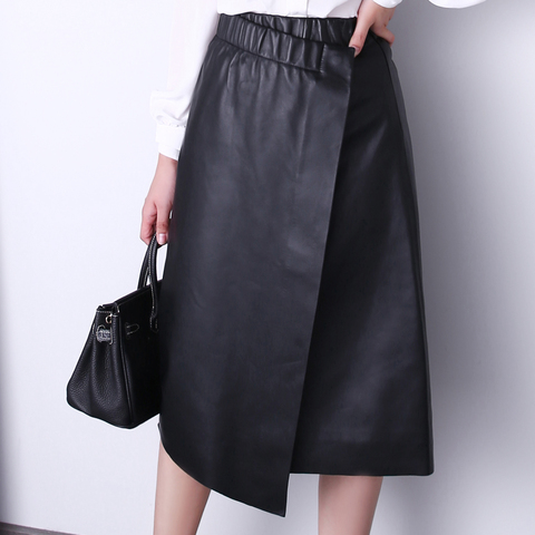 1338 French Chic Asymmetrical Knee Length Wrap Skirt Layer Sheep Skin Genuine Leather Skirt