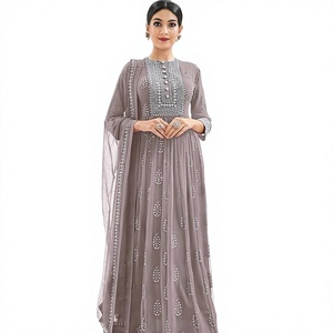 Elegant Grey Embroidered Anarkali Suit Long Sleeve Floor-Length Chiffon Dress Boat Neck A-Line Classic Style - Product Image 3