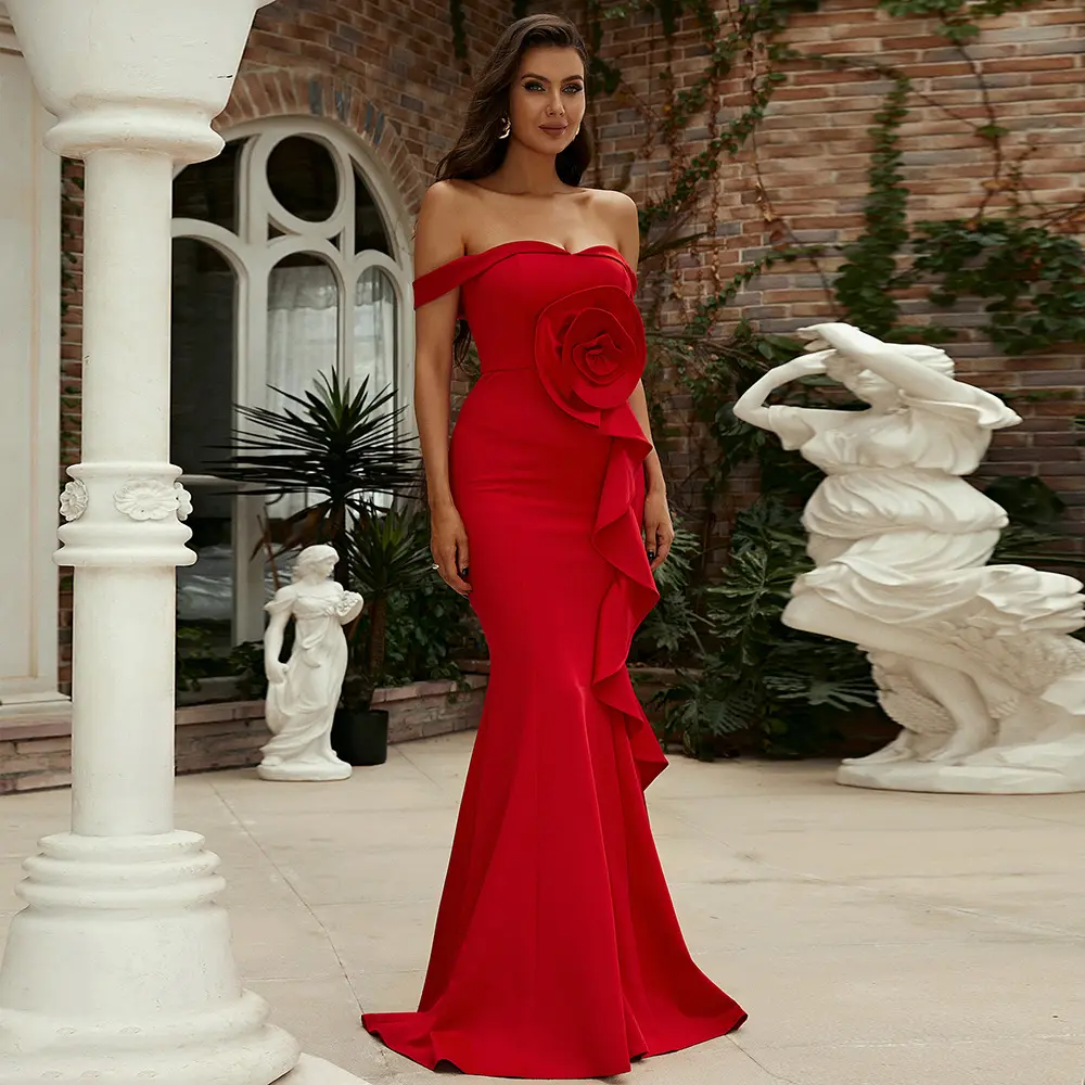 Off Shoulder Ruffled Red Knit Sexy Evening Dress Mermaid Fashion Beautiful Elegant Prom Dresses