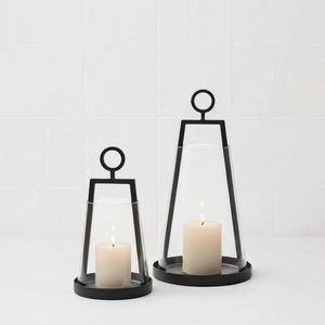 <b>Black</b> <b>Metal</b> and Glass <b>Candle</b> Lantern <b>Holder</b> Set Decorative Hurricane <b>Candle</b> <b>Holders</b> with Round Handle Modern Table Centerpiece - Product Image 4