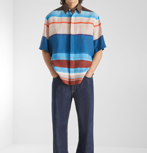 <strong>Men</strong> Custom Watercolor Gradient <strong>Linen</strong> <strong>Shirt</strong> Striped Button Down Breathable Eco-friendly Loose Fit Summer Vacation Casual ODM OEM - Product Image 1