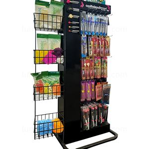 Support de présentation professionnel en métal pour pinceaux de maquillage, double face avec crochets et étagères latérales en fil métallique, présentoir cosmétique pour salon - Product Image 6