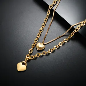 Dainty Necklace Double Layer Love Heart Heavy Industry Stainless Gold Plated Adjustable Heart Pendant Necklace