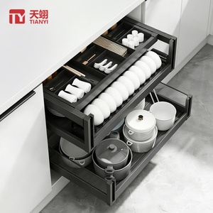 TIANYI Double Layer Pull Out <b>Kitchen</b> Drawer Basket with Cutlery Tray Soft Close Dish & Pot Organizer <b>Cabinet</b> Storage System - Product Image 1