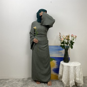 1436 #   Nuevo Cárdigan de Lino Suave con Cordones y Pliegues, Abaya Abierta Elegante, Estilo Musulmán Islámico Árabe - Product Image 2