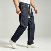 Jean à cordon de serrage pour homme, taille élastique, coupe ample, jambe droite décontractée, en denim indigo, avec coutures contrastées sur les panneaux