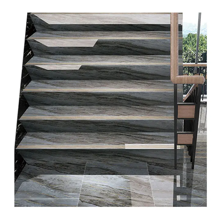 Gold wire glazed marble look slab floor tiles anti slip ceramic nosing staircase porcelain stair tile