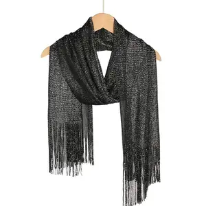 New Stock Shiny Gold And Silver Color Fashion Headband Ethnic Scarves Shawls Tassels 190*45 Silk Scarf For Women