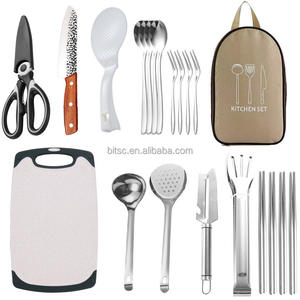 Vaisselle de pique-nique Portable en acier inoxydable ensemble de salle à manger avec sac à main 8 pièces Camping en plein air ustensiles de cuisine ensembles de couteaux de cuisine - Product Image 1