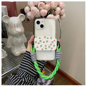 Cartoon Mobile Phone Back Clip with cosmetic mirror Frog lotus pattern Detachable Strap Anti Lost Lanyard for IPhone Samsung