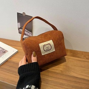 Soft Corduroy Travel <b>Makeup</b> Bag Cute Bear Patch Zipper Cosmetic Organizer with Handle for Daily Use - Product Image 3