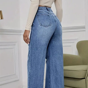 Jeans de Moda 2025 - Pantalones Vaqueros de Mezclilla para Mujer, Color Azul Claro, Cintura Alta, Largos hasta el Suelo, Desgastados, de Pierna Ancha y Recta - Product Image 4