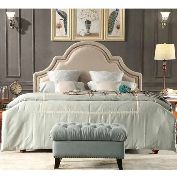 Juego de cama doble de estilo moderno para dormitorio, Mueble de diseño de marco de madera sólida, tamaño Queen, americano