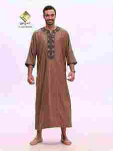 Al Haramain <b>Men's</b> Brown Embroidered <b>Thobe</b> Three-Quarter Sleeve Ankle Length Cotton Prayer Robe Casual Loose Fit Middle East - Product Image 3