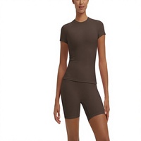 Ensemble 2 pièces respirant à taille élastique unie, short de yoga et de course taille haute, manches courtes, en Spandex/Nylon