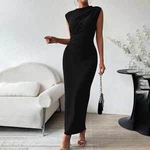 Abito lungo da donna nero aderente con drappeggio, estivo, casual, senza maniche, leggero, con spacco, elegante, per cocktail, matrimoni o occasioni speciali - Product Image 2