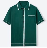 Kemeja Rajut Pria 100 Persen Viscose Ice Cool Silk Kerah Kuba Kancing Depan Lengan Pendek Cardigan Rajut Dengan Saku Dada