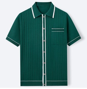 Chemise en tricot de soie glacée 100 % viscose pour homme, col cubain, boutonnage intégral, manches courtes, cardigan en tricot avec poche poitrine - Product Image 1