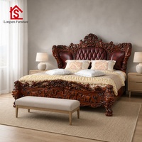 Lit double de luxe en bois massif de chêne, sculpté, avec revêtement en cuir, style européen et américain, grand lit de chambre à coucher pour villa et maison