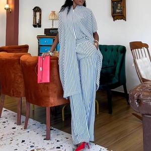 เสื้อเชิ้ตลายทางแขนสั้นลำลอง กางเกงขายาวเอวสูงทรงขากว้าง สไตล์แอฟริกันใหม่ ชุดแฟชั่นผู้หญิง 2 ชิ้น - Product Image 1