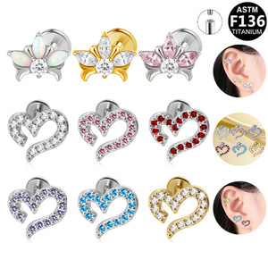 <b>Titanium</b> Alloy Heart Shape Ear Studs With Crystal Inlay For Ear Cartilage Piercing Gift Jewelry ASTM F136 - Product Image 1