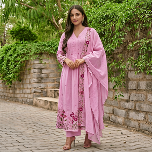 Conjunto de Salwar Kameez Rosa con Bordado Floral, Corte Regular, Secado Rápido, Ropa Tradicional India y Pakistaní para Mujer, para Fiestas - Product Image 1