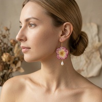Perhiasan Resin Cantik, Emas Stainless Steel, Bunga Asli, Mutiara, Liontin Mawar, Anting Buatan Tangan