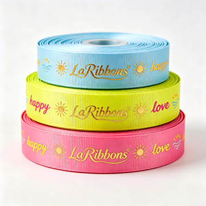 Ruban en grosgrain polyester personnalisé avec impression dorée double face, motif soleil et amour, certifié OEKO-TEX, en rouleaux pour emballage cadeau - Product Image 1