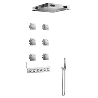 Système de douche pluie : Pommeau de plafond 16 pouces avec jets latéraux et douchette à main, robinetterie thermostatique 5 fonctions