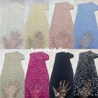 Tissu en dentelle brodée avec appliques de sequins et perles, décorations florales, motif élégant, matière polyester, largeur 122 cm, printemps/été