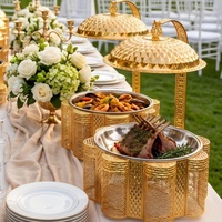 Plat à chafing dish suspendu de luxe 8L, doré à la française, avec dôme à facettes et base festonnée, pour buffet et maintien au chaud des aliments, idéal pour les mariages au Moyen-Orient