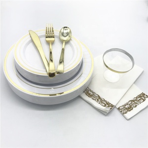 Sang trọng thanh lịch Vàng Đảng nhựa dùng một lần Bạc tấm muỗng dao nĩa Khăn ăn rơm <span class=keywords><strong>Set</strong></span> Rose Bạc đám cưới dao kéo - Product Image 5