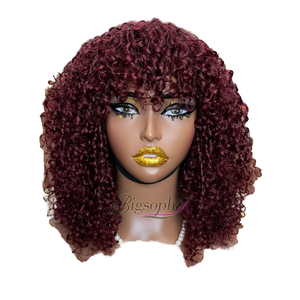 Ladies 14 Inch #99J Wine Red Bob <strong>Wig</strong> with for <strong>Pixie</strong> <strong>Curl</strong> Super Double Drawn Remy Brazilian Hair Featuring Light Brown Lace Bangs - Product Image 1
