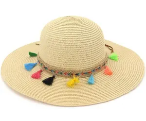 妇女女孩可爱的稻草宽边帽与黄麻带和多种颜色的流苏