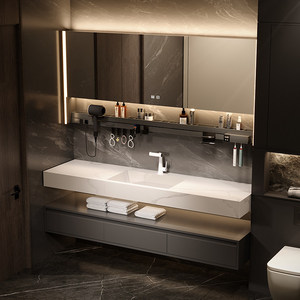 Mueble de baño moderno de alta gama con encimera de losa de roca, espejo con iluminación inteligente antivaho. - Product Image 1