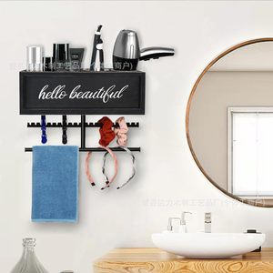 Soporte de pared de madera para secador de pelo con barra para toallas y ganchos para organización de cuidado personal en el baño - Product Image 2