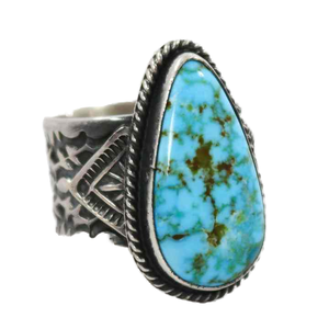 925 Sterling Silver Luxury <b>Ring</b> with Hand-Stamped Designs and Natural Kingman Turquoise From Arizona for Wedding & <b>Engagement</b> - Product Image 1