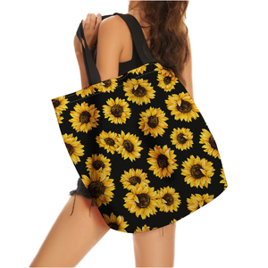 Custom logo Sunflower Print Tote <b>Bag</b> Black Canvas <b>Fabric</b> Shoulder Handle Large Shopping <b>Bag</b> Daily Use - Product Image 1
