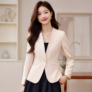 Women's Short Blazer Apricot Color Solid Polyester Anti-Wrinkle Professional Formal Wear Petite Fit Autumn Winter 2024 - Product Image 1
