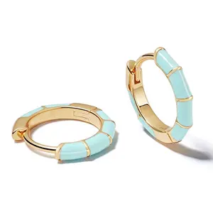 Milskye Fashion Fine Jewellery 18k Gold Plated Bamboo Enamel Turquoise Teal Stripe Huggie Hoop Earring