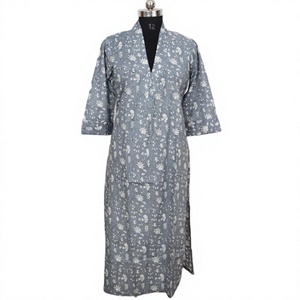 Robe ample à imprimé floral, col en v, en coton et fibre de bambou, manches trois quarts, longueur cheville, tenue décontractée pour femmes - Product Image 1