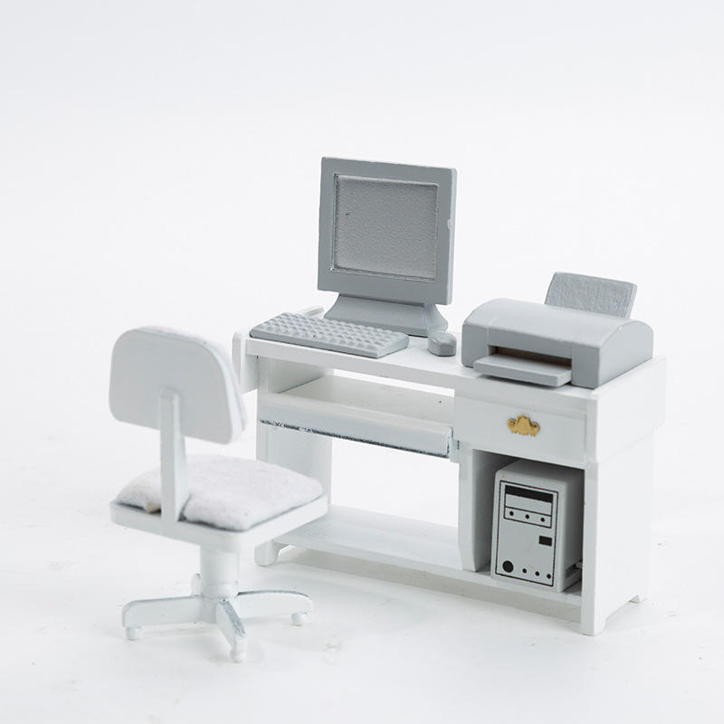 White table and chair (computer mouse keyboard host printer)
