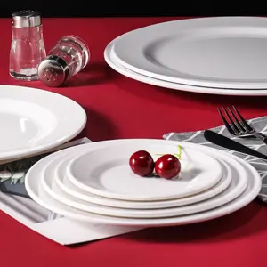Venta al por mayor de platos planos de melamina, juegos de platos de plástico blanco para bodas