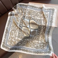 Syal Persegi Poliester Benang Elegan Multifungsi Bermotif Ringan dan Bernapas untuk Musim Semi dan Musim Panas, Dasi Wanita Korea